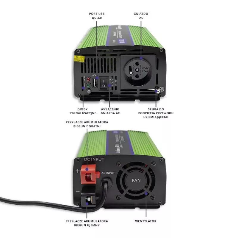 Automobilový menič Qoltec Monolith 1200 W zelený 12 V
