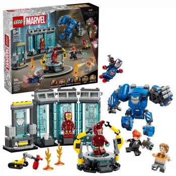LEGO Marvel Iron Man laboratórium zbrojnica 76315 stavebnica – 384 dielikov, 5 minifigúrok, prezentačná plocha