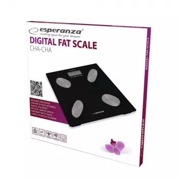 Elektronická osobná váha ESPERANZA EBS022K — digitálna váha s meraním tuku, tvrdené sklo, 180 kg, BMI, pamäť pre 12 používateľov