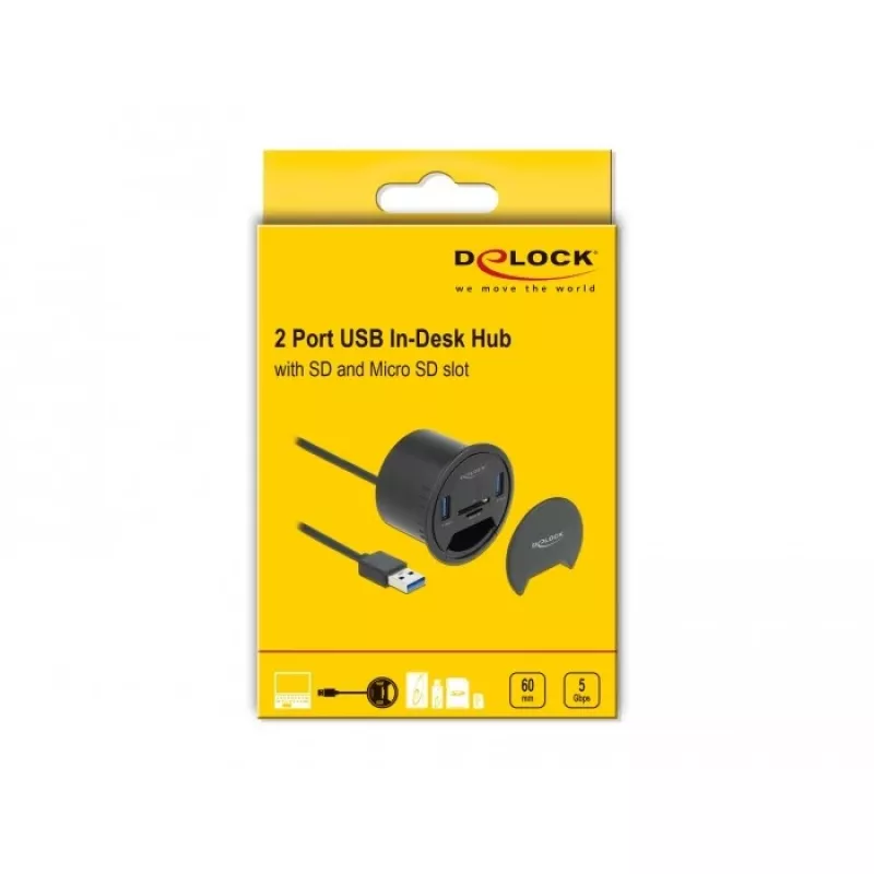 DeLOCK 64152 USB 3.2 Gen 1 rozbočovač, 2 porty, s čítačkou kariet SD/microSD