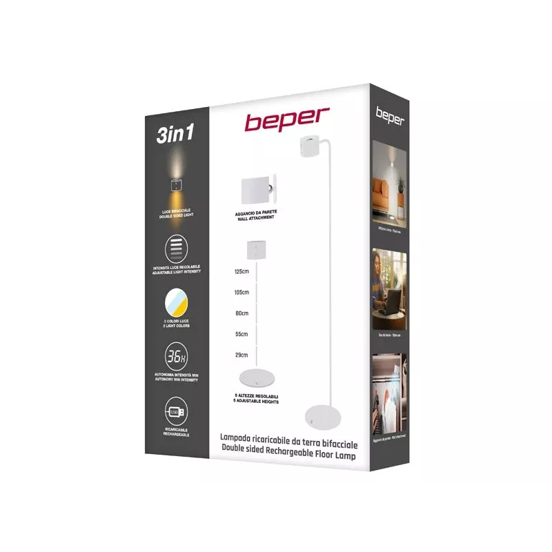Beper P201UTP305 nabíjateľná LED lampa s nastaviteľnou výškou, stojaca a na montáž na stenu, 2,3 W, stmievateľná, biela