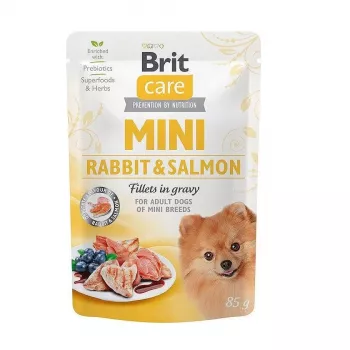Mokré krmivo pre psov Brit Mini králičie a losos 85 g — BRIT Care bez obilnín, bez lepku, dospelí psi malé plemená