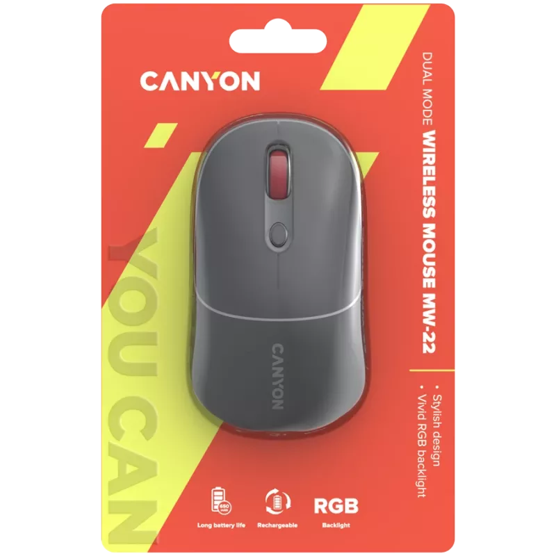 Canyon MW-22 2in1 RGB bezdrôtová myš - sivá - Bluetooth/RF - 1 600 dpi - nabíjateľná