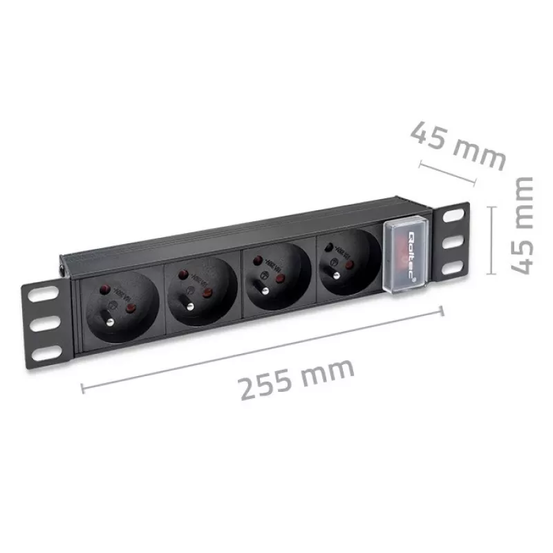 Qoltec hliníková PDU pre 10'' RACK | 1U | 16A | 4xFRENCH | 1,8m