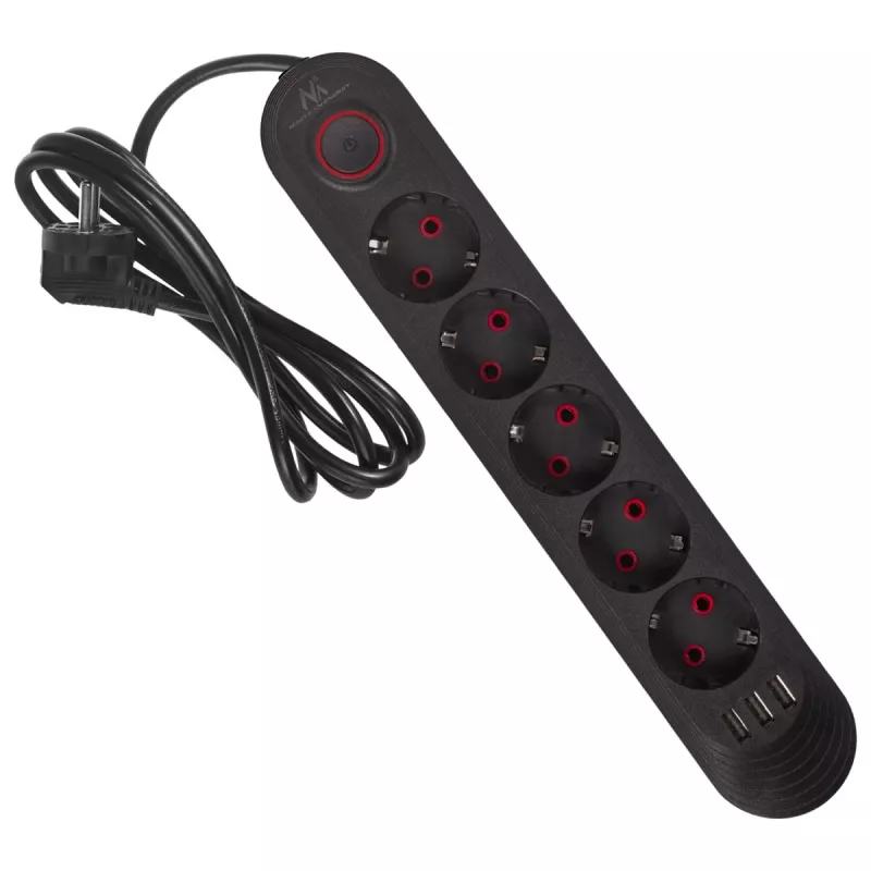 Predlžovacia zásuvka MACLEAN MCE395 B — 5 zásuviek, 3×USB, 110–240V AC, 2,1A USB, 2500W, 1,5 m kábel, čierna