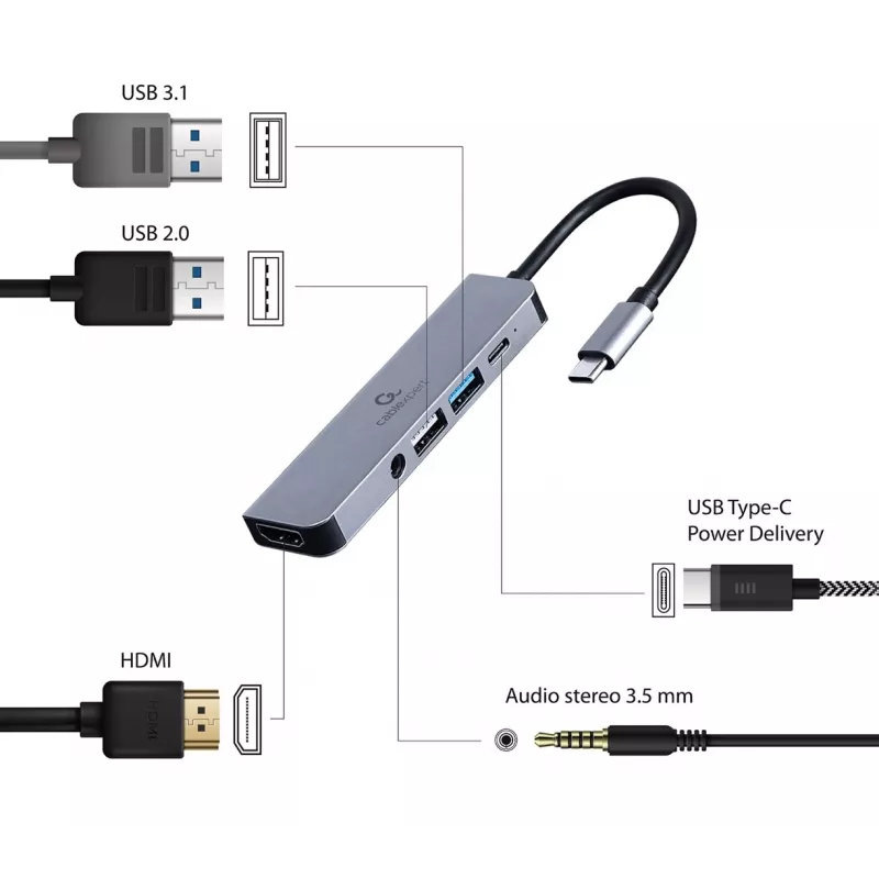 Gembird A-CM-COMBO5-02 dokovacia stanica/port replikátor pre notebook káblový USB 3.2 Gen 1 (3.1 Gen 1) Type-C strieborná
