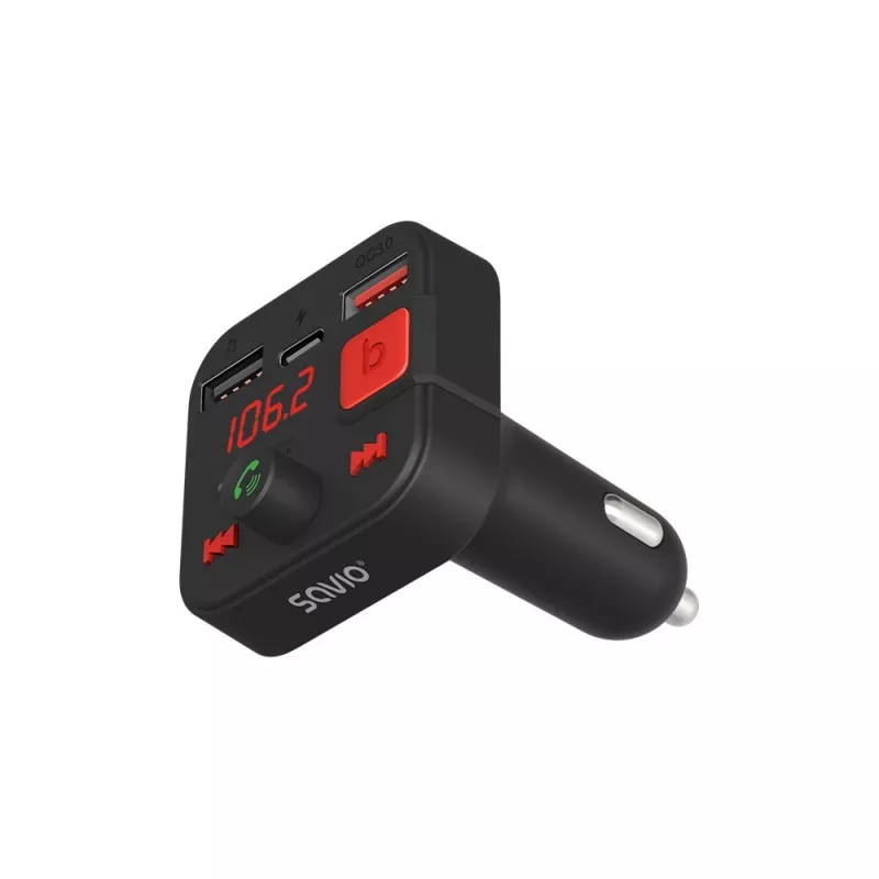 SAVIO FM vysielač, Bluetooth 5.3, nabíjačka QC 3.0, LED displej, Bass Boost, TR-15, čierna