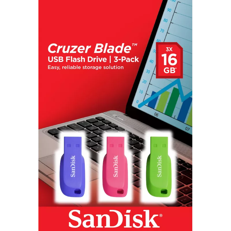 SanDisk Cruzer Blade USB 2.0 kľúč 16 GB (3 ks), modrá/zelená/ružová