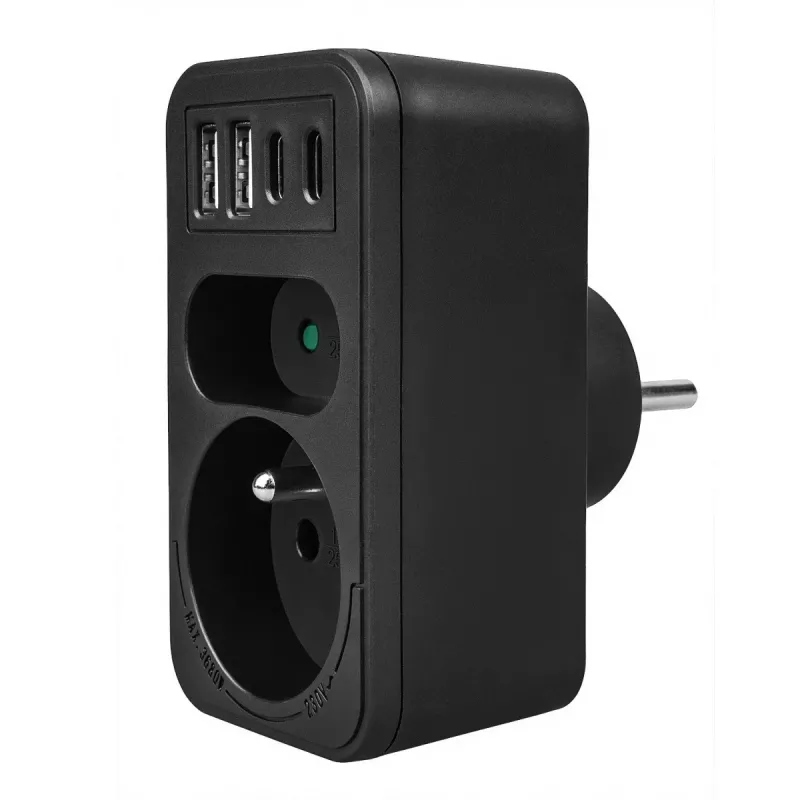 Rozbočovač napájania MACLEAN MCE249 F/B – 2 AC zásuvky (16A + 6A) s 2×USB-A a 2×USB-C PD 20W, EU konektor, čierny