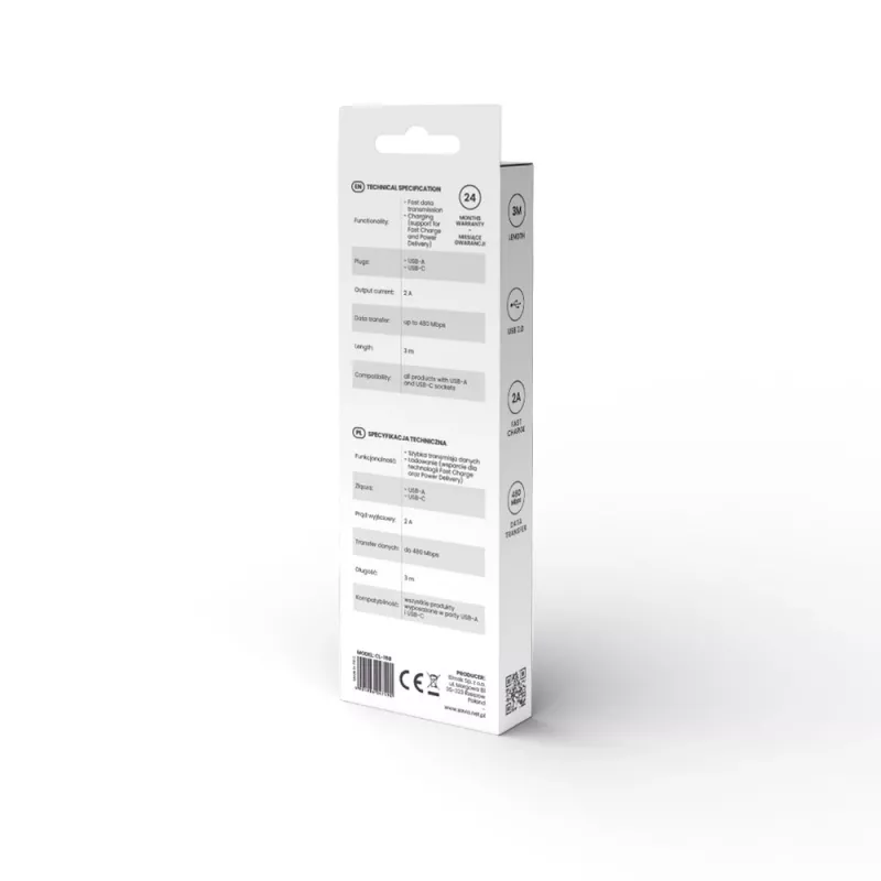 USB 2.0 kábel SAVIO CL-168, USB A (konektor samec) na USB C (konektor samec), 3 m, biely