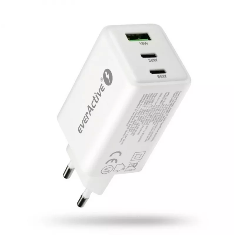 Napájacia nabíjačka everActive SQ-655Q 65W, 1×USB-A + 2×USB-C rýchle nabíjanie