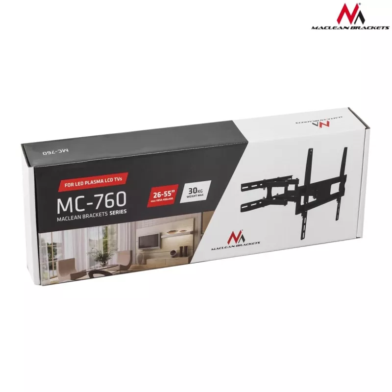 Maclean MC-760 nástenný držiak televízora 26–55 palcov, VESA 100×100–400×400, max. 30 kg, sklon ±15°, vzdialenosť od steny 7–46 cm, kov, čierny