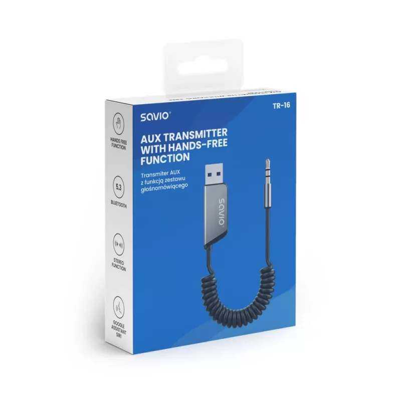 Savio TR-16 vysielač AUX adaptér s funkciou handsfree, Bluetooth 5.3, Google Assistant/Siri
