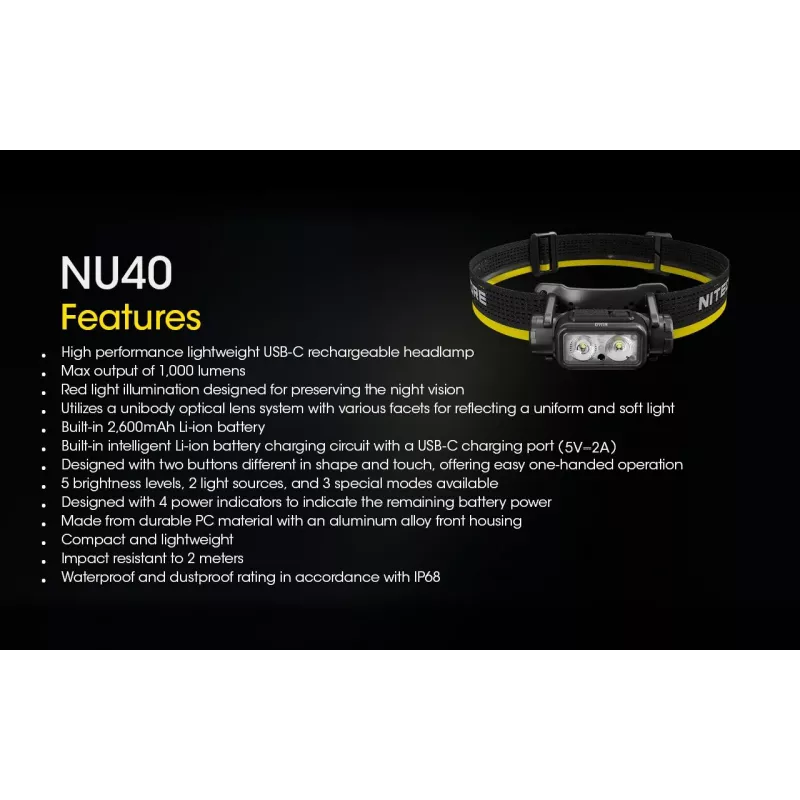 Čelová lampa Nitecore NU40 čierna LED 2 lampy IP68