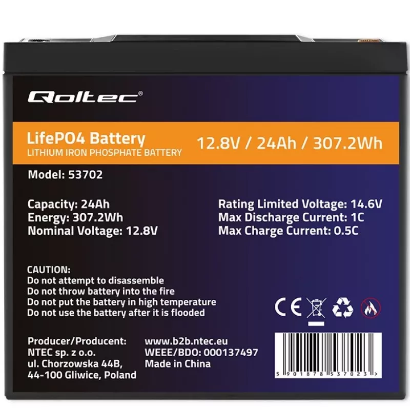 Qoltec 53702 LiFePO4 lítium-železofosfátová batéria | 12,8V | 24Ah | 307,2Wh | BMS