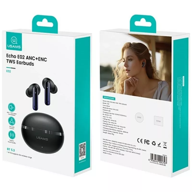Bluetooth slúchadlá Usams TWS E02 ANC+ENC čierne