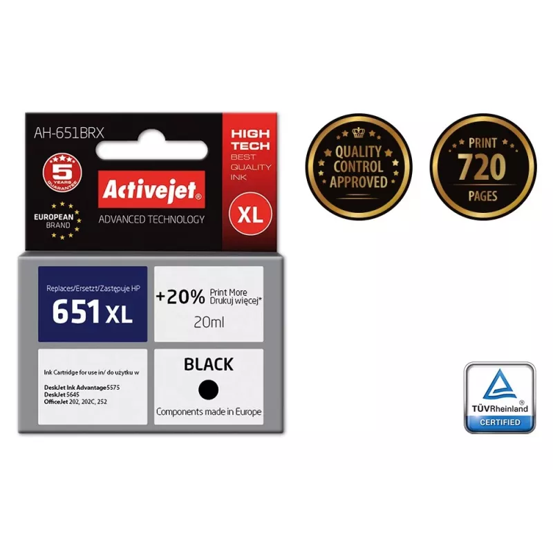 Activejet AH-651BRX atrament (náhrada za HP 651 C2P10AE; Premium; 20 ml; čierny)