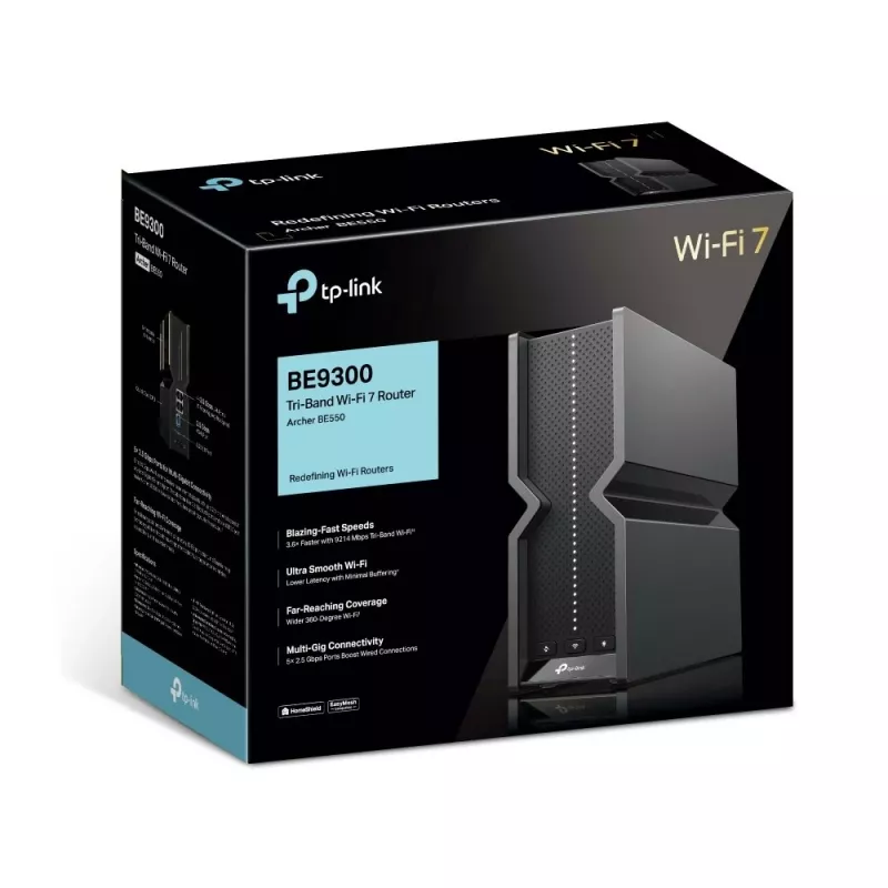 TP-Link Archer BE9300 Tri-Band-Wi-Fi-7 router, Wi-Fi 7 (802.11be), Tri-Band (2.4 GHz / 5 GHz / 6 GHz), Ethernet LAN, čierny, stolný router