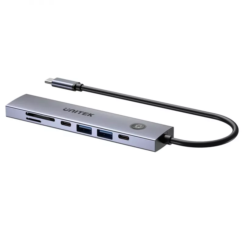 USB-C hub Unitek H1124AGY01 s 100W PD, HDMI 2.0, 2x USB‑A, 2x USB‑C, SD/microSD čítačka kariet — hliník