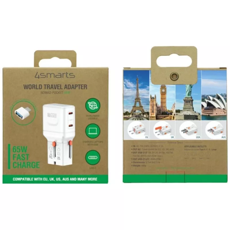 Cestovná nabíjačka World 65W USB-C + USB-A biela