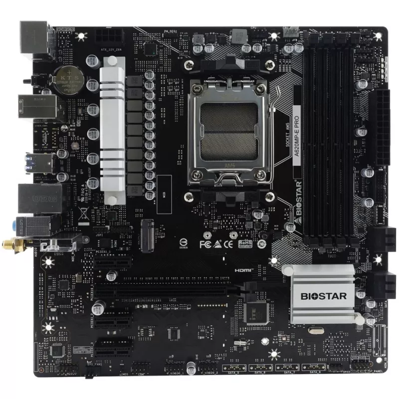 Základná doska BIOSTAR A620MP-E PRO — AMD A620 microATX, socket AM5, DDR5, 4 DIMM, max. 128 GB, 2,5Gb LAN