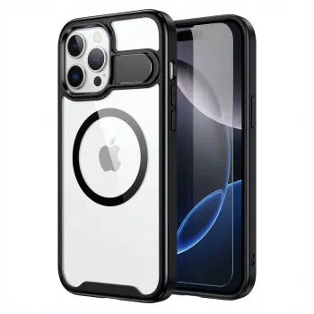Ochranné puzdro GUAN pre Apple iPhone 16 Plus s 10H bezpečnostným sklom a stojanom, priehľadná zadná strana s čiernym rámom