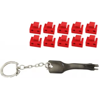 RJ45 port blocker ShiverPeaks BS08-01033 — červené balenie 10 blockerov s 1 hlavným kľúčom