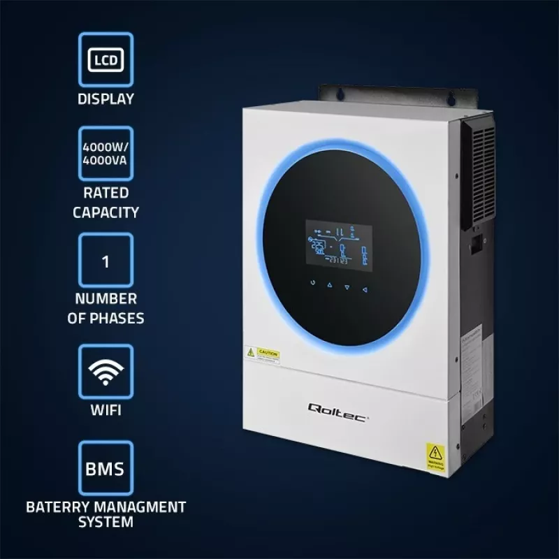 Qoltec, menič napätia, hybridný solárny invertor Off-Grid 4kVA 4kW 120A MPPT LCD Wi-Fi BMS sinus