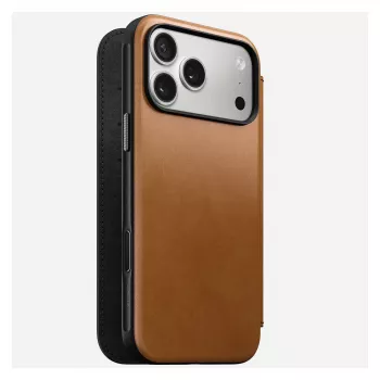 Mobilné folio puzdro Nomad Modern Leather Folio pre iPhone 17 Pro Max – Tan, vhodné pre obrazovku do 17,5 cm (6,9 palcov), 4 priehradky na karty