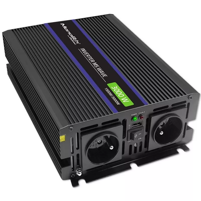 Invertor QOLTEC Monolith 3000 MS Wave, 12V→230V, 1500/3000W, s USB