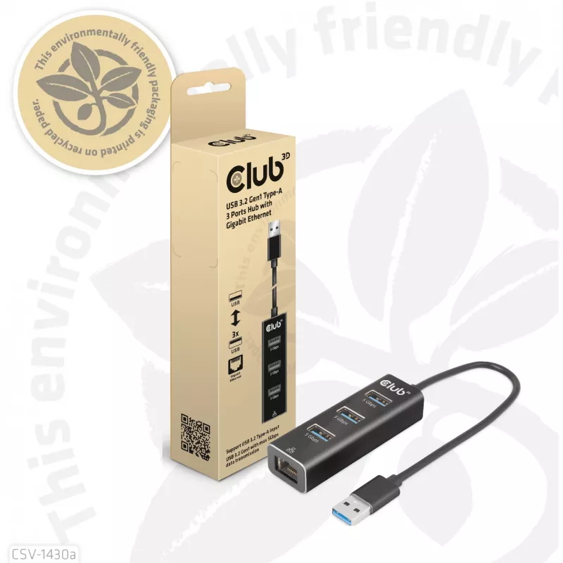 USB hub CLUB3D USB 3.2 Gen1 Type-A s 3 portami a Gigabit Ethernet