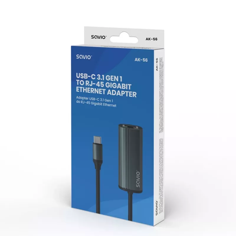 SAVIO adaptér USB-C 3.1 Gen.1 (M) na RJ-45 Gigabit Ethernet (F), 1000 Mbps, AK-56, sivý