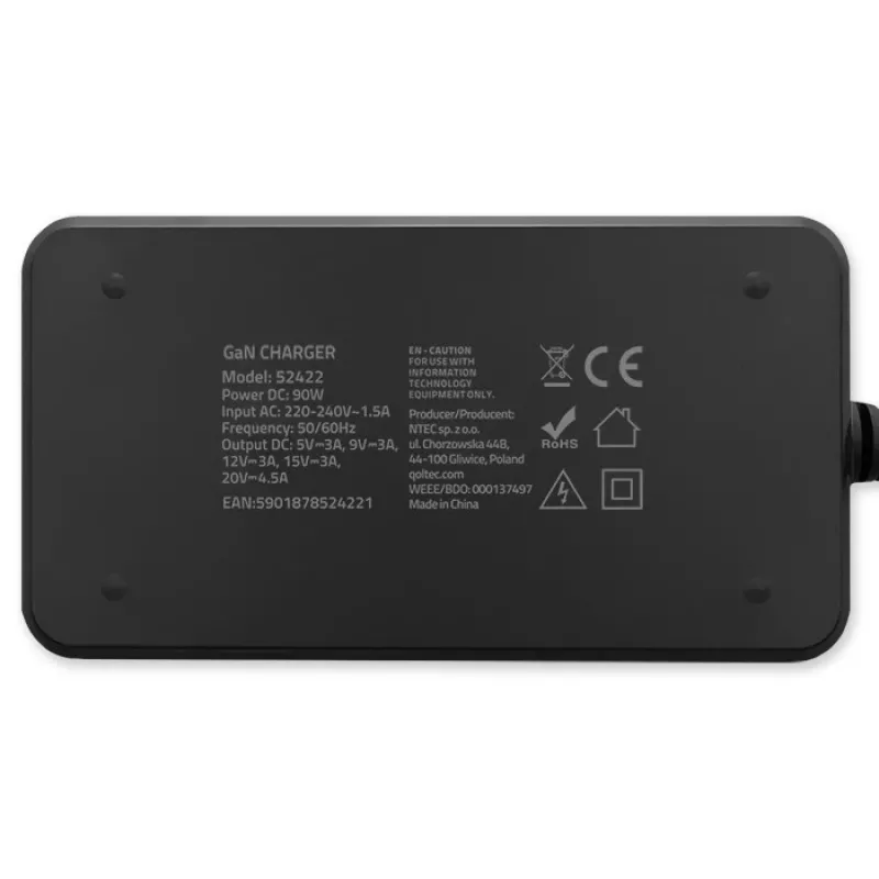 Qoltec 90W GaN Super Fast SLIM nástenná nabíjačka | XP | 5-20V | 4,5A | USB-C 3.1 | notebook | MacBook | smartfón | + kábel