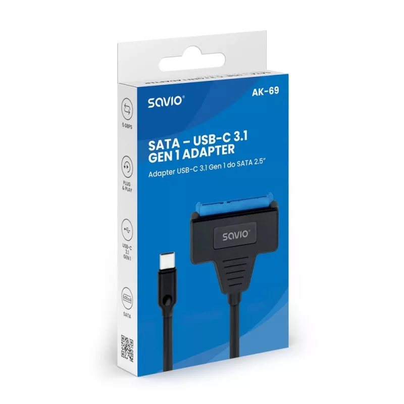 SAVIO SATA na USB-C kábel AK-69, SATA samica na USB-C samec, USB 3.2 Gen 1 (5 Gbit/s), 0,25 m, čierny