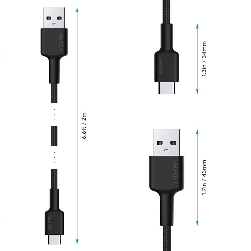 Aukey CB-CA2 OEM kábel USB-C na USB-A, nylonový oplet, 2 m, čierny