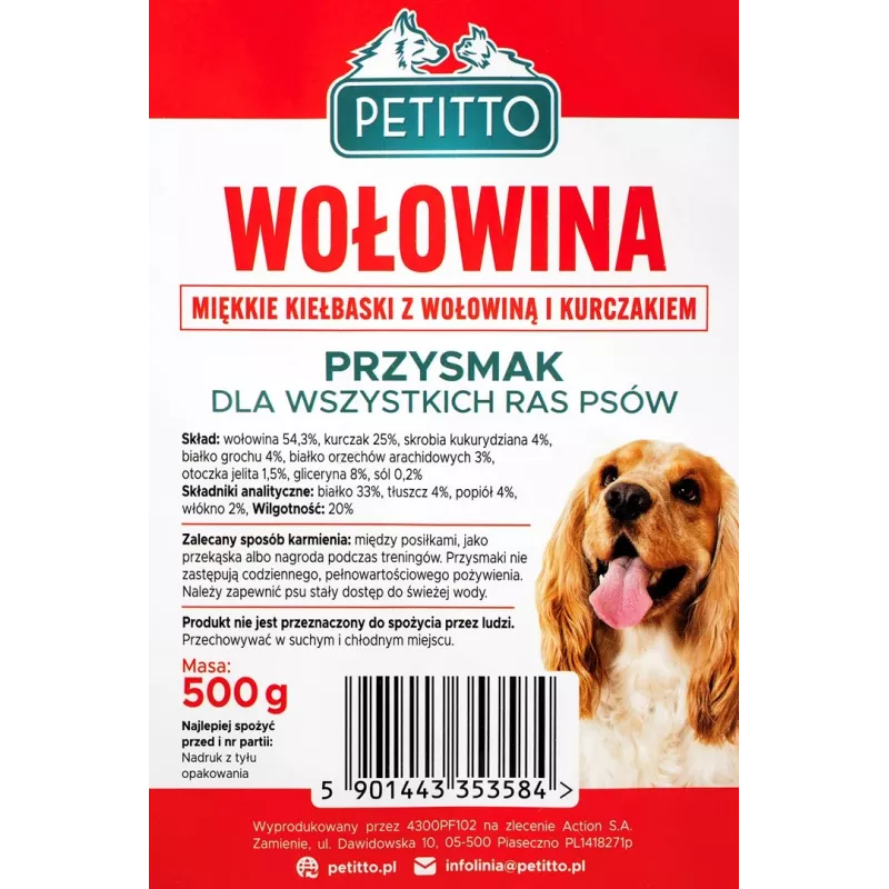 PETITTO Mäkké hovädzie klobásky maškrta pre psov, 500 g