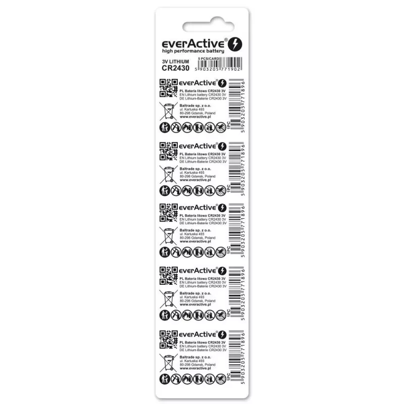 everActive CR2430 CR24305BL lítiová gombíková batéria 3 V, 300 mAh, balenie 5 ks