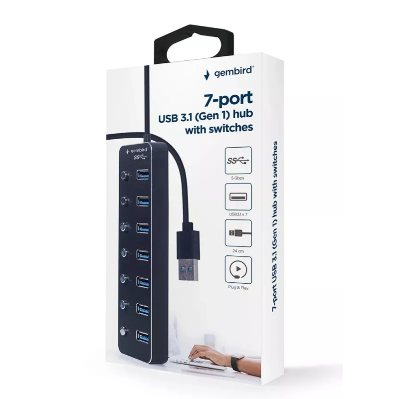 USB hub Gembird UHB-U3P7P-01, 7-port USB 3.2 Gen 1 (Type-A), 0,24 m kábel, čierny