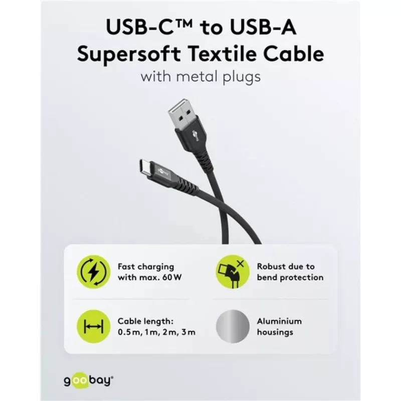 Goobay USB-C kábel Fabric Supersoft s kovovými konektormi, 2 m, čierny (2m, USB 2.0, 60W), USB kábel