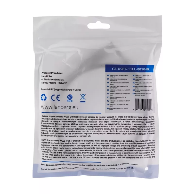 Lanberg CA-USBA-11CC-0010-BK USB kábel 1 m 2.0 USB B čierny