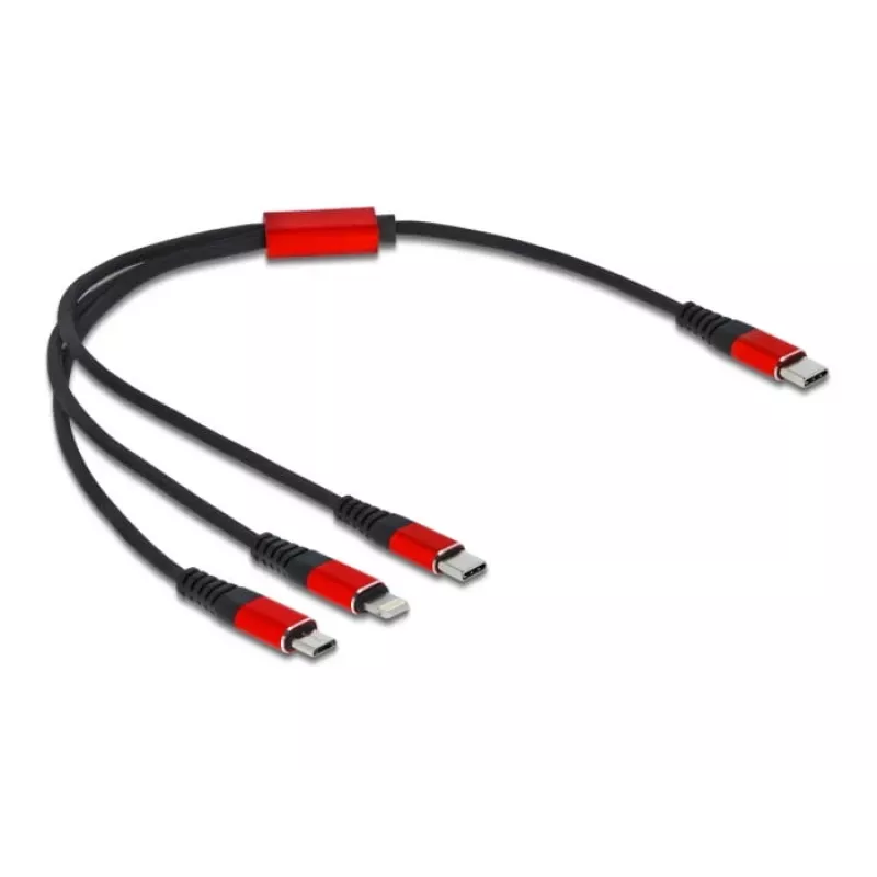 USB nabíjací kábel DeLOCK 86710 3-v-1 USB Type-C na Lightning Micro USB 30 cm čierny červený