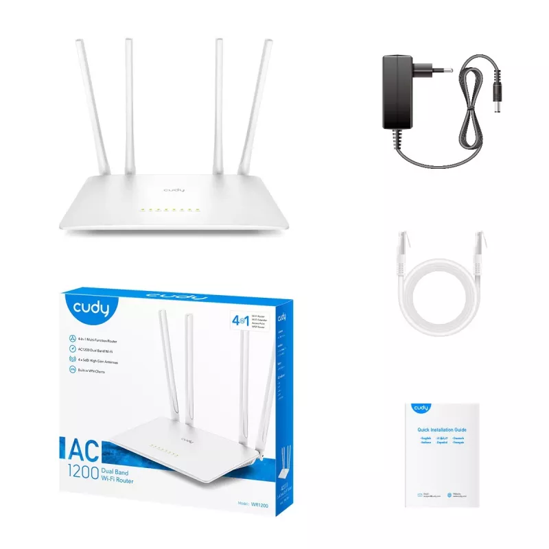 Stolový router Cudy WR1200 Dualband Wi‑Fi 5 (802.11ac) 867 Mbit/s, 4x RJ‑45 LAN, biely