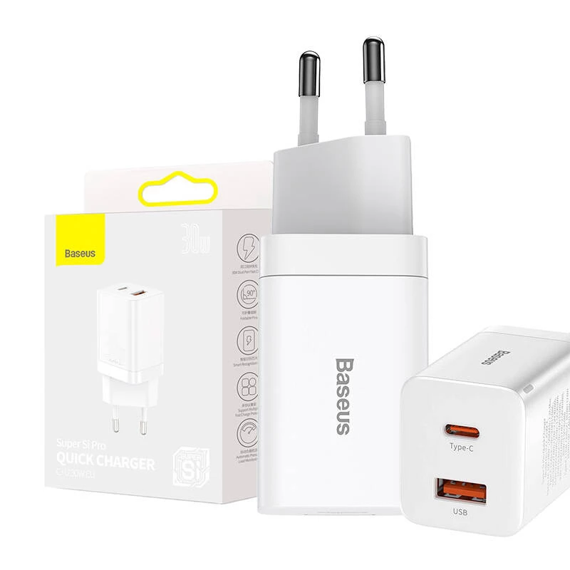 Baseus Super Si Pro rýchlonabíjačka USB + USB-C 30W (biela)