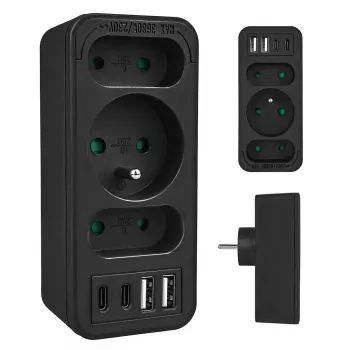 Rozbočovač napájania MACLEAN MCE248 F/B — 3 AC zásuvky (1x16A, 2x6A) a 4 USB porty (2xUSB‑A, 2xUSB‑C PD 20W), EU konektor, čierny