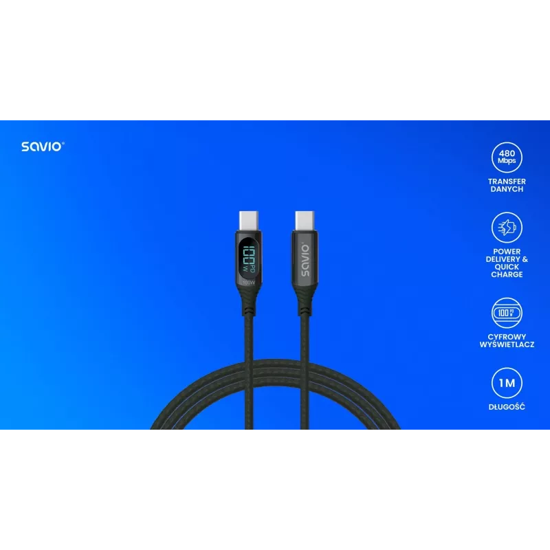 Savio CL-174 kábel USB-C na USB-C, 100 W, Power Delivery/Quick Charge, digitálny displej, 1 m, zelený