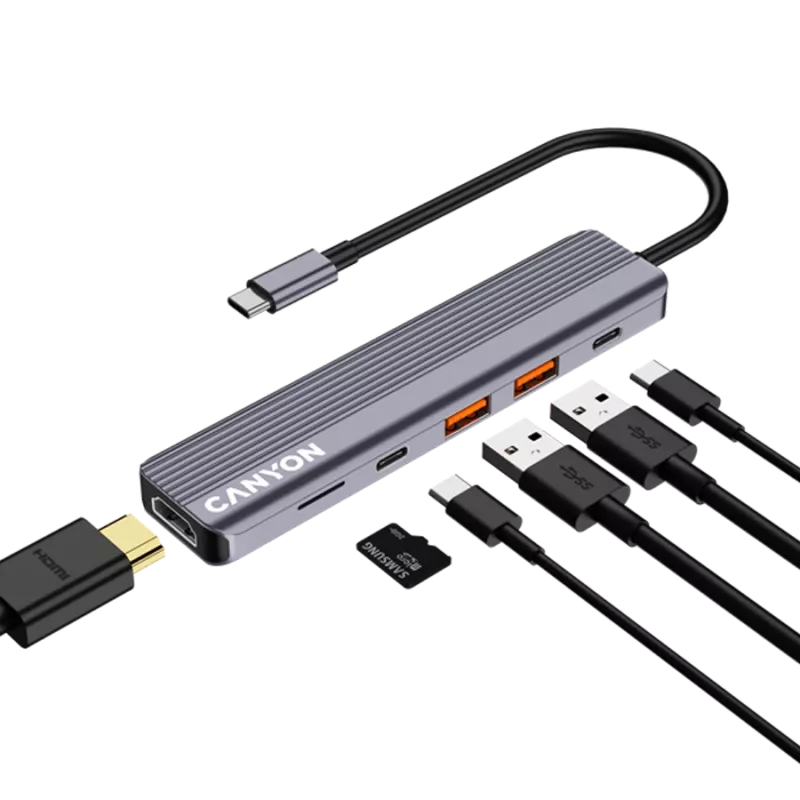 USB Type-C hub CANYON DS-17 — HDMI, USB 3.2 Gen 1 A, USB-C, MicroSD, 10000 Mbit/s, sivý