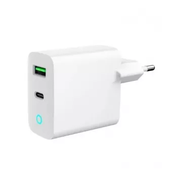 Sieťová nabíjačka 220V GEMBIRD, univerzálna, 1x USB Type-C PD 20 W, 1x USB-A 3.0 QC 18 W, LED indikátor, biela