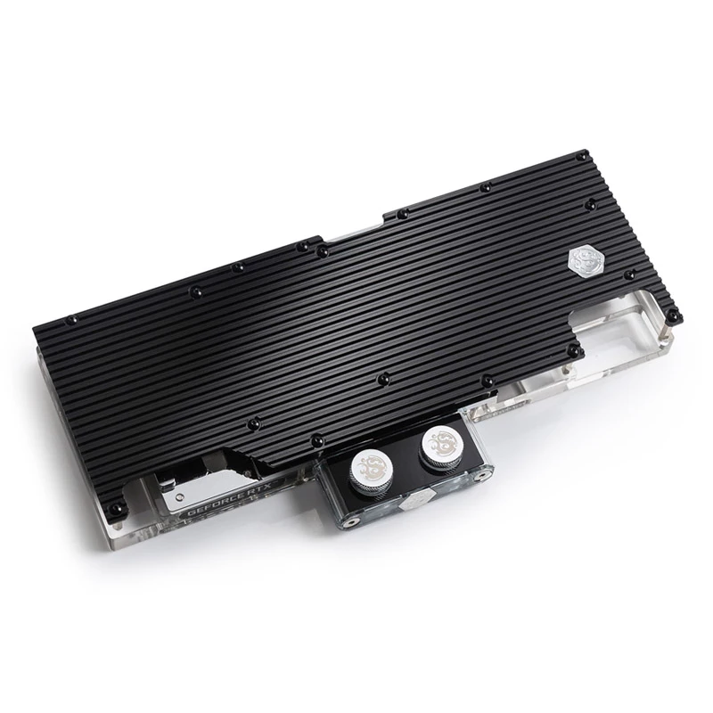 Vodný blok a backplate pre GPU BitsPower BP-VG3090EVXC3 — akryl, meď, chrómniklová oceľ, 125,4 × 263,7 × 25 mm