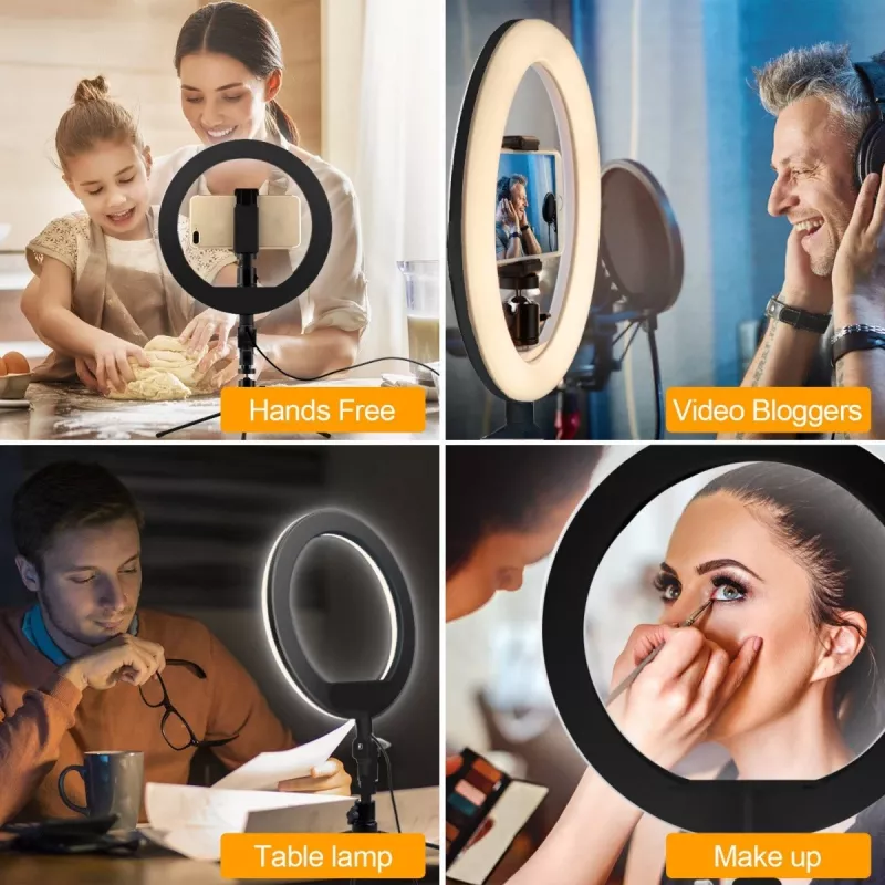 Maclean MCE610 10 12W LED Ring Light so statívom a Bluetooth spúšťou, 3 farby, 10 stupňov jasu, 10% -100% nastaviteľný jas, 160 LED, držiak na smartfón, osvetlenie