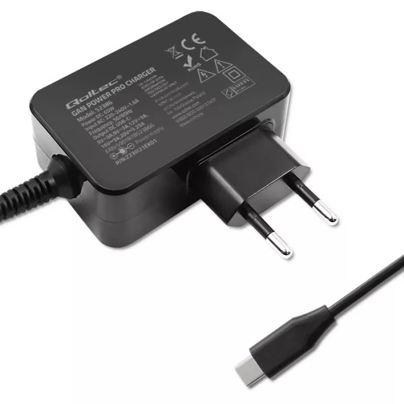 Qoltec 52386 GaN POWER PRO nabíjačka | 1xUSB-C | 65W | 5-20V | 3-3,25A | čierna